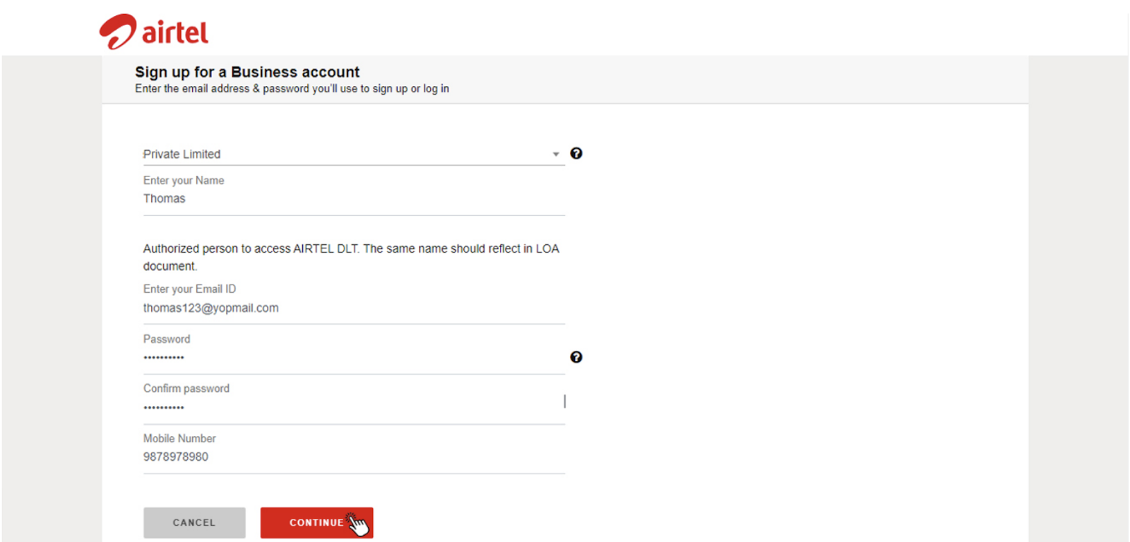 Registration details on Airtel DLT portal | smscountry