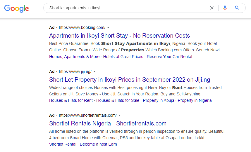 This image shows what Google search ads looks like for a search term like 'short let apartment in Ikoyi.'