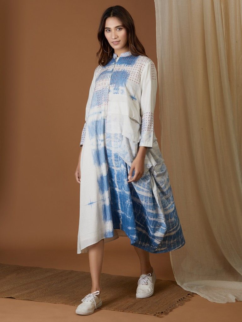 off-White-Blue-Kantha-Work-Cotton-Shibori-Dye-Dress