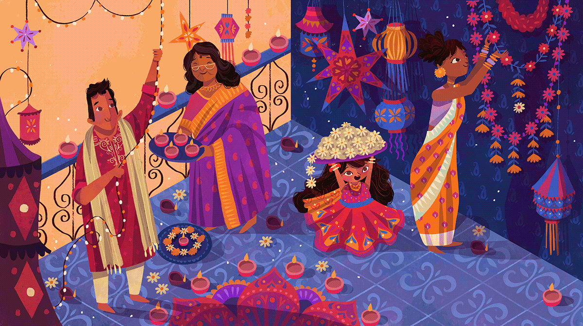 As shown in this illustration, a family is preparing for Diwali by hanging decorations and installing lights. Each of them is dressed in traditional Indian clothing. 