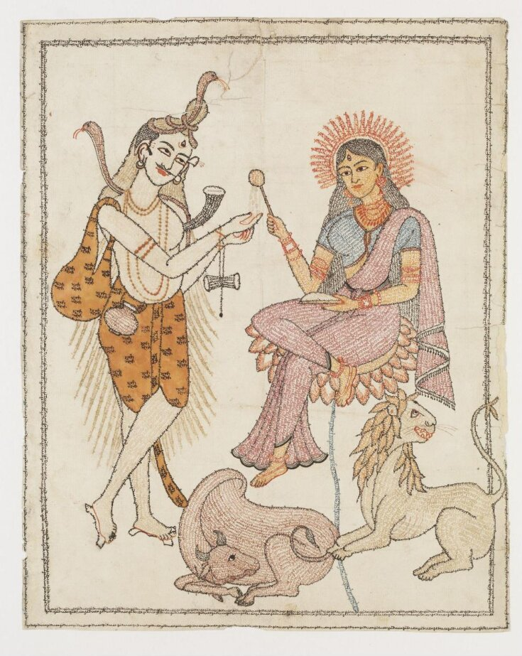 A lion and another animal lie at Annapurna's feet while she gives alms to Shiva in this illustration. 