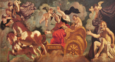 The piece of art before us is a faithful reproduction of the renowned 1621 fresco created by Guercino. The painting is believed to have been copied from an engraving, and it depicts the mythological tale of Aurora, the goddess of dawn, as narrated in Homer's epic Greek poem, Iliad. In the painting, Aurora takes center stage, mounted on a horse-drawn chariot, bidding farewell to her aged husband, Tithonus. She holds a torch aloft, illuminating the sky and turning night into day. 