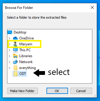 ODT dialogue box showing folders immediately available; among them the username Maryam is highlighted. At the bottom of the list, the ODT folder is highlighted for selecting.