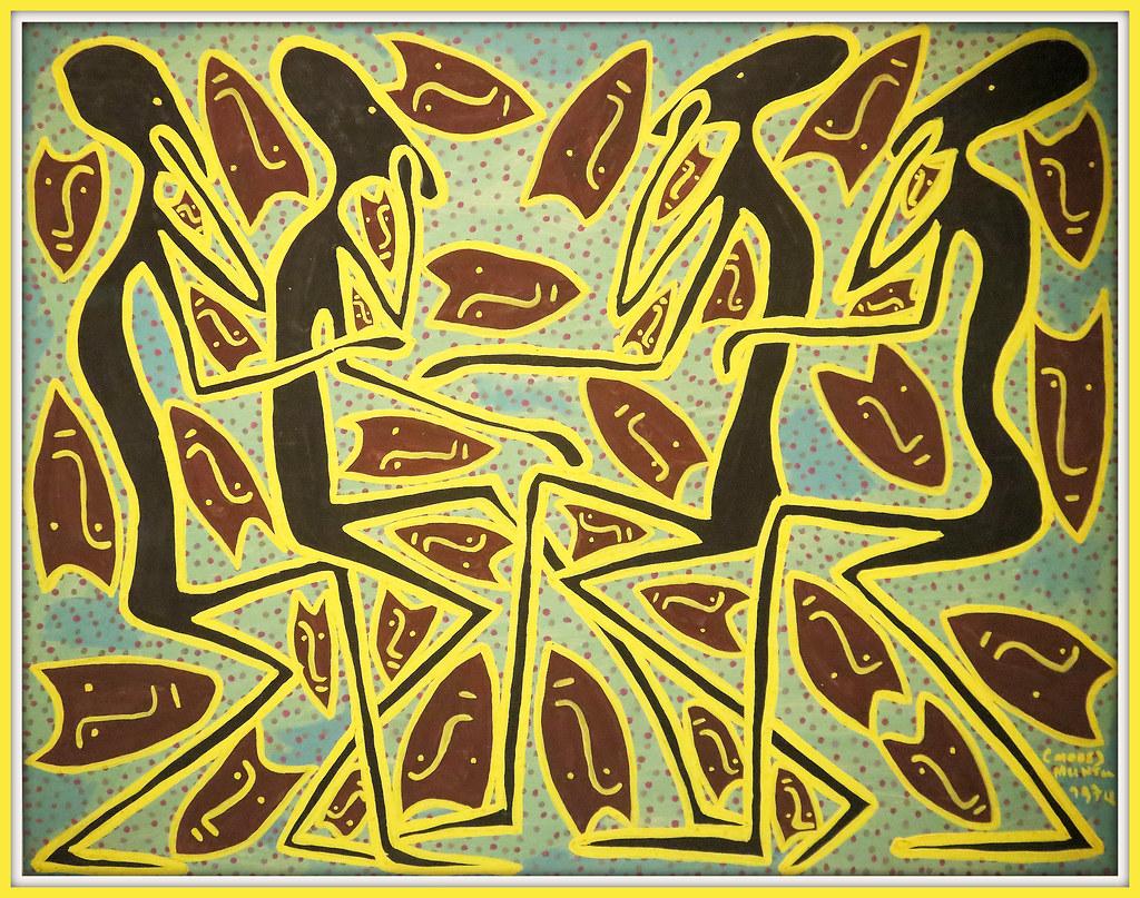 Image depicting abstract brown and yellow human figures seen from the side, brown masks floating between the figures other abstract shapes.