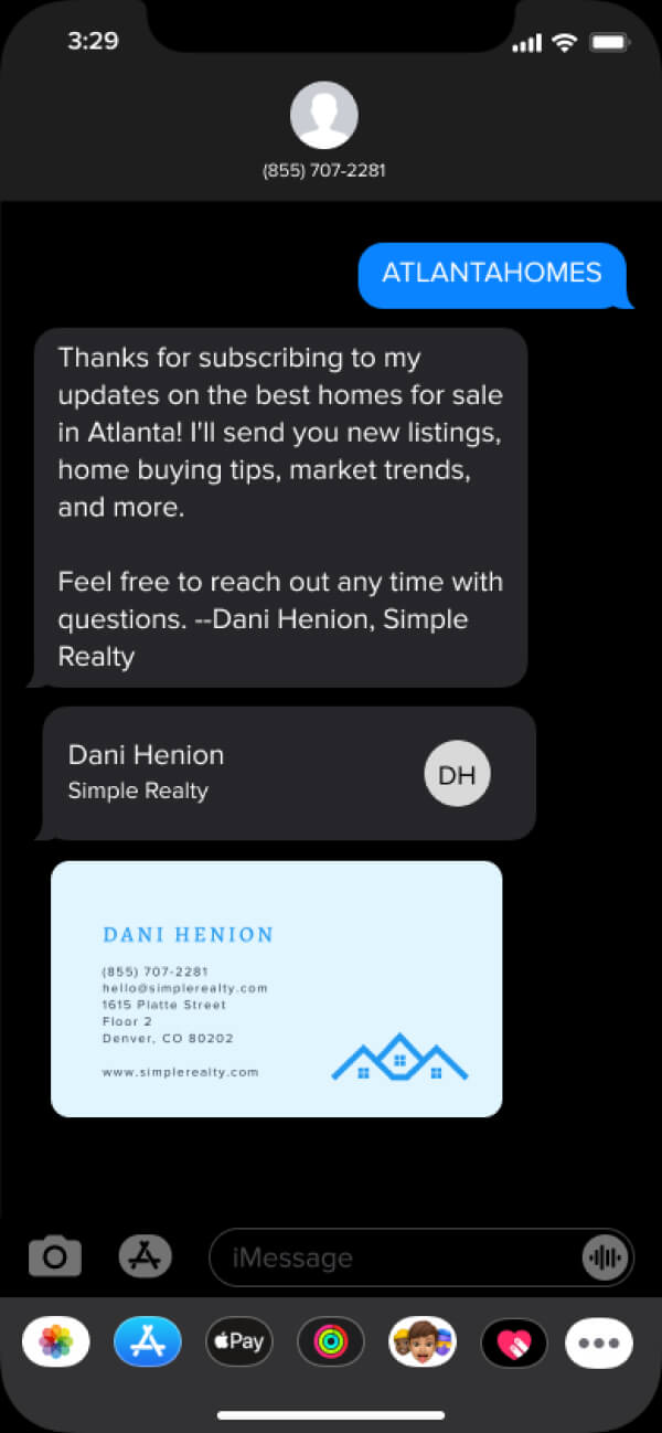 Real estate agent text message with virtual business card and vCard file