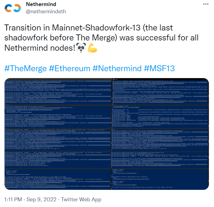 Tweet from Ethereum research company, Nethermind, confirming the success of the last shadowfork.

