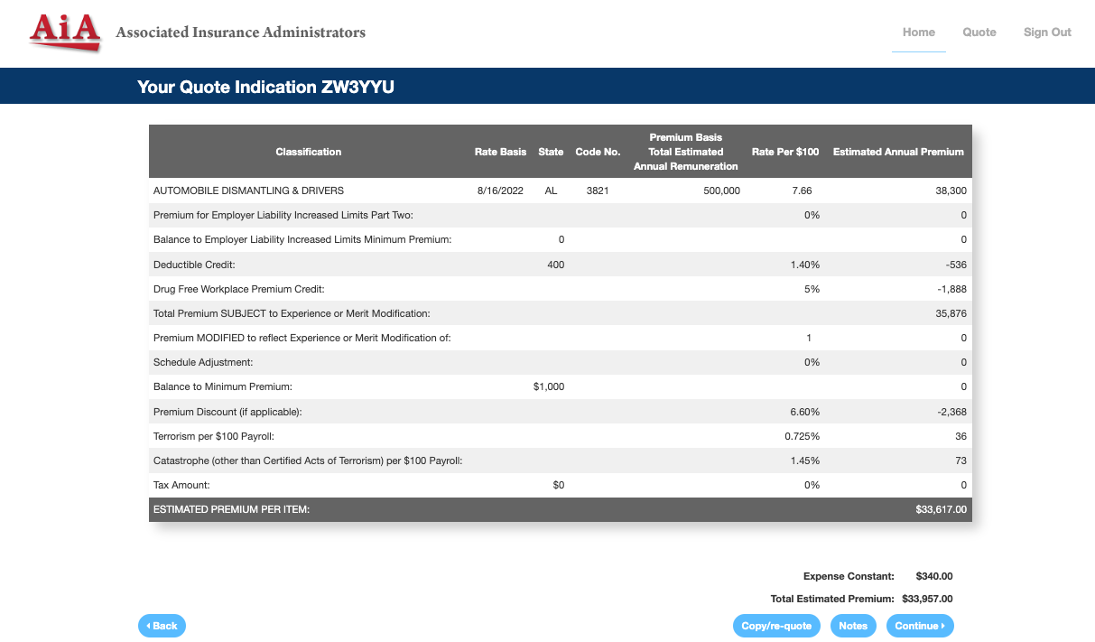 Screenshot of AIA QuikRATE showing the quote indication