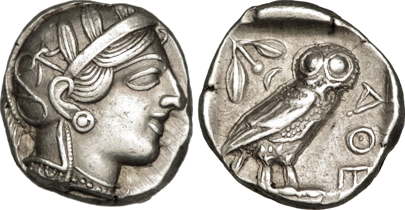 of symbol intelligence bird and representing Athena on the Athenian reverse owl. tetradrachm an