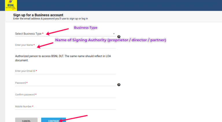 Business signing authority entering details on BSNL DLT portal for enterprises