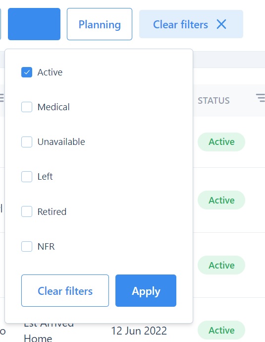 screenshot of the status menu options