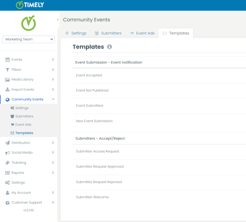 screenshot of Timely event management platform highlighting the community events menu