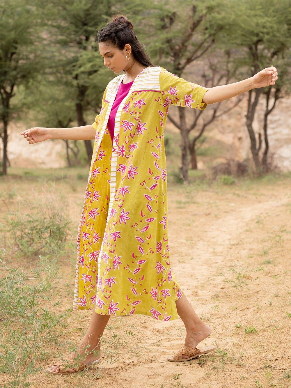 the loom - Green Pink Hand Block Printed Cotton Jacket