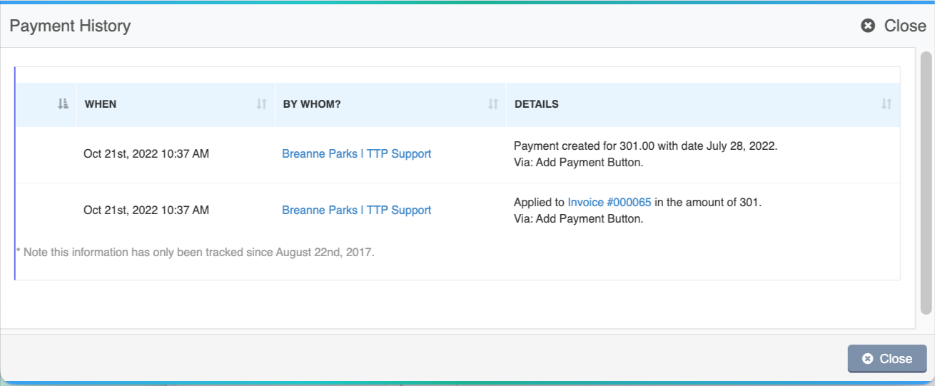 screenshot of payment history screen