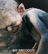 The character Gollum from The Lord of the Rings menacingly snarling at camera 'my precious!' 