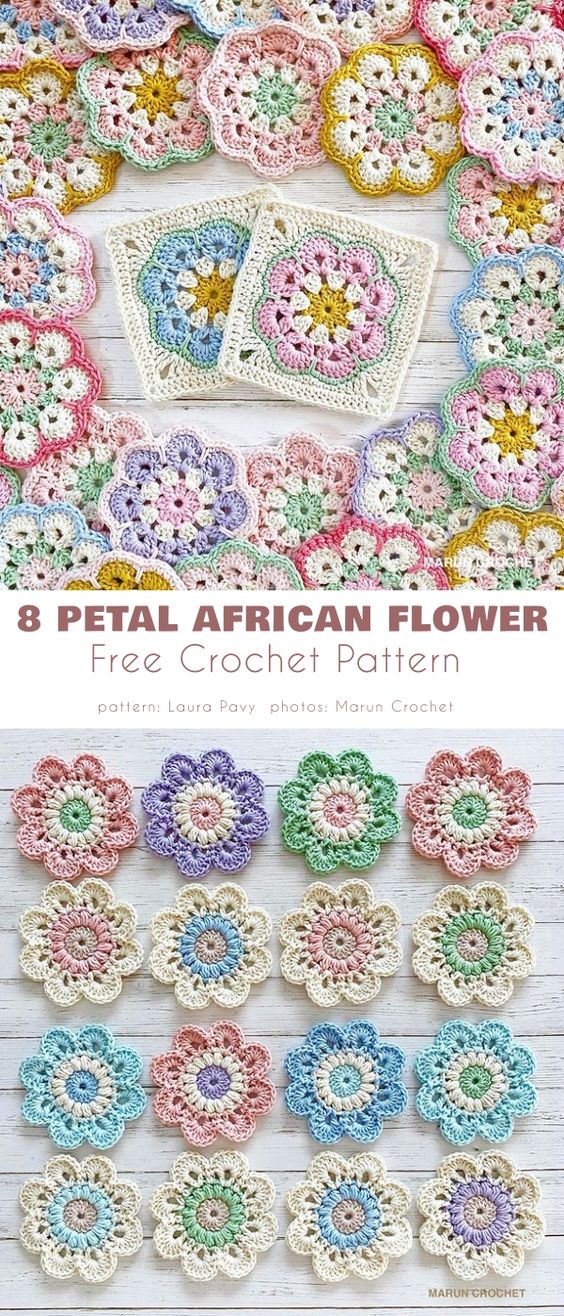 colorful crochet flowers with eight petals