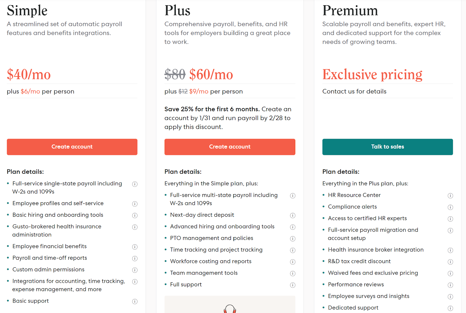 Gusto's Pricing Page