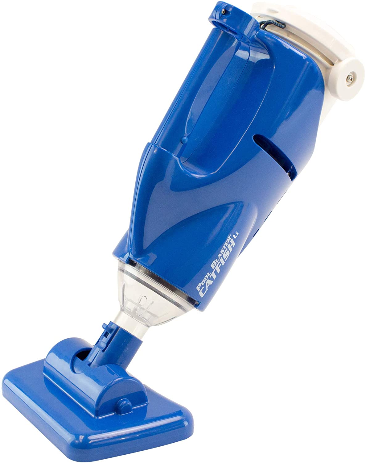 a blue manual pool vacuum with a rectangular vacuum head