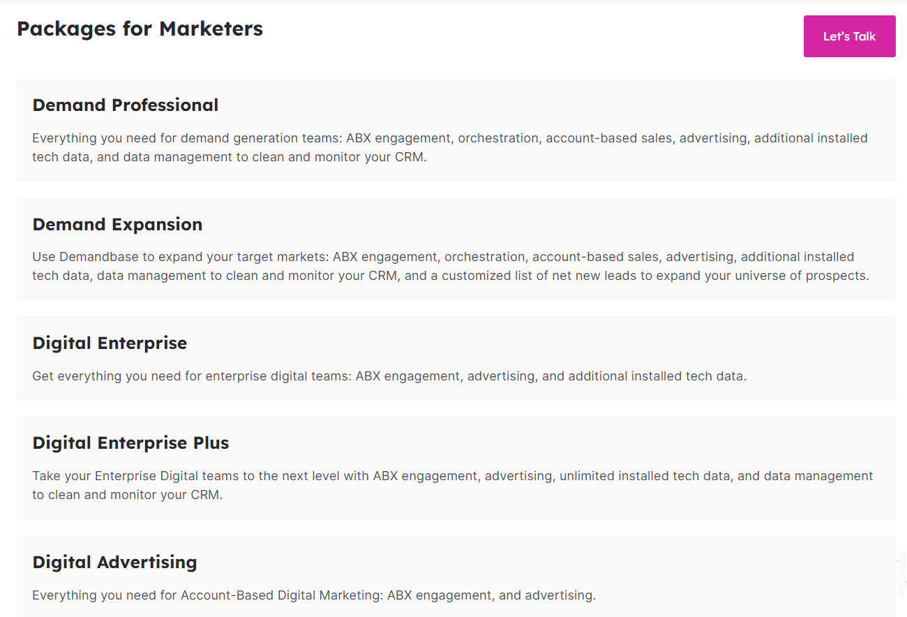 Demandbase’s packages for marketers.