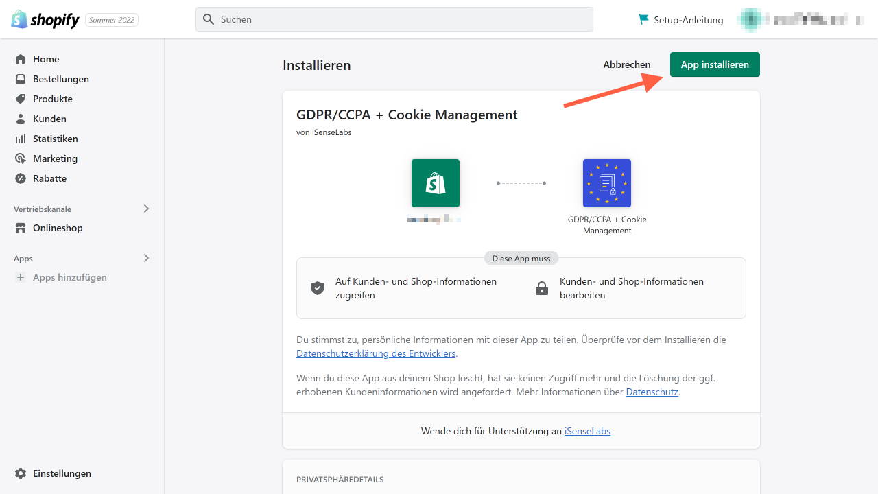 Shopify DSGVO und Cookie Banner einrichten Schritt 2