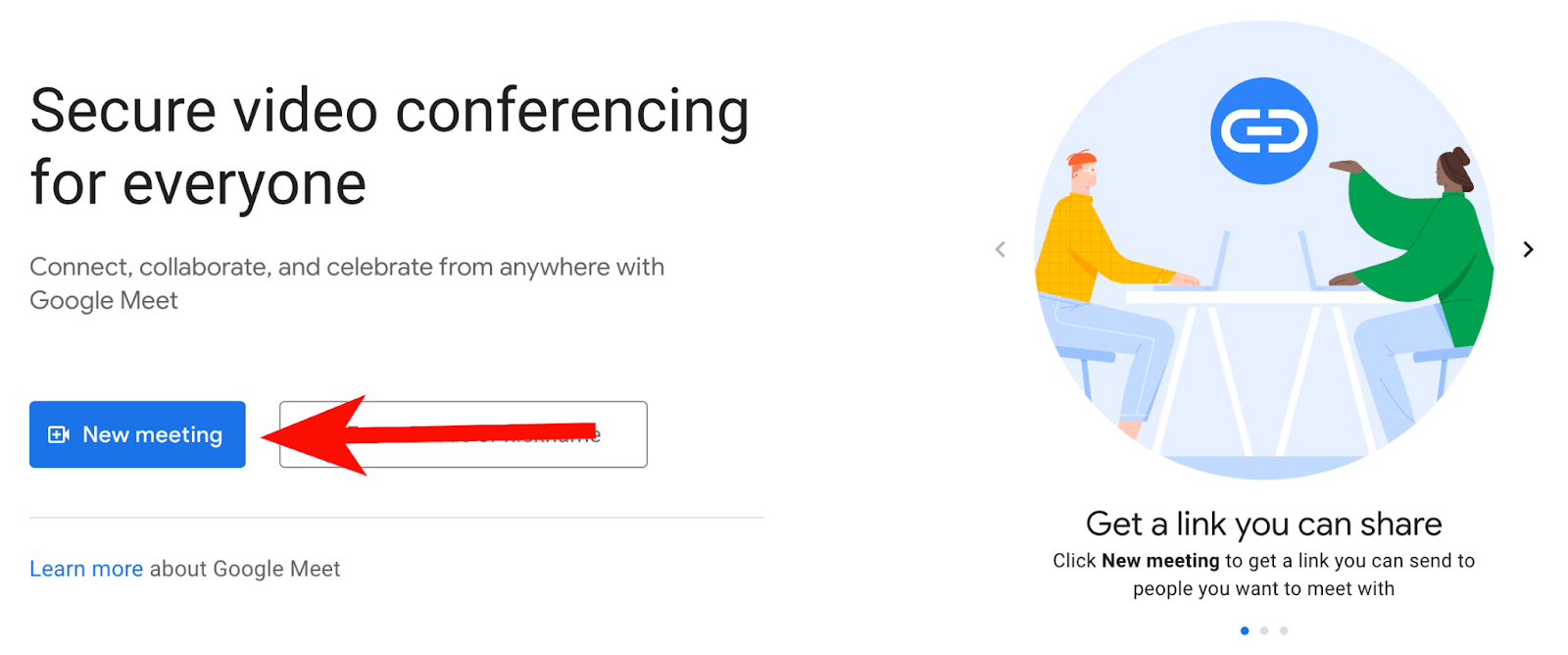 A red arrow points New Meeting on Google Meet homepage.