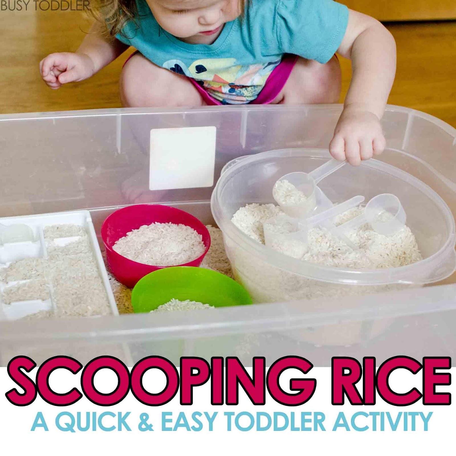 Scooping Rice Sensory Bin - Busy Toddler
