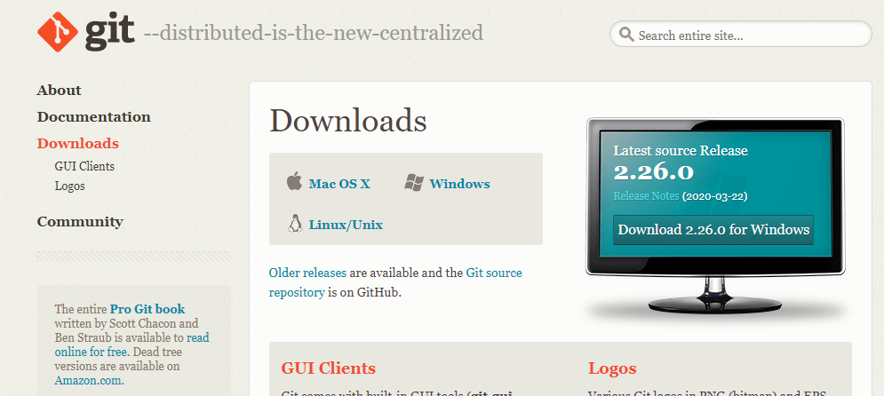 Página de downloads do site do Git