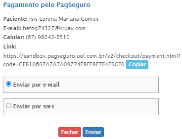 Janela de envio de pagamento por PagSeguro com opção 'Enviar por e-mail' selecionada e botão 'Enviar' visível.