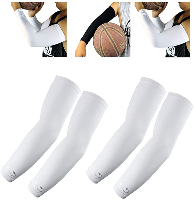 2 Pairs, Arm Sleeves for Kids Compression - Boys, Girls, Youth Basketball Shooter Sleeve - Best Elbow Warmers Protection for Football, Baseball, Running, Volleyball, White