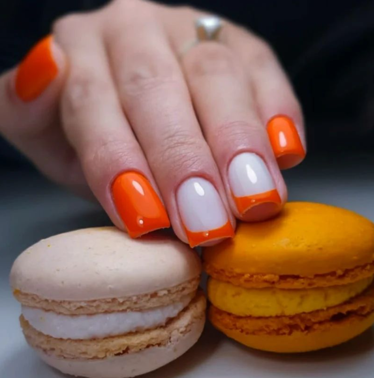 Macron Orange White Nails With Design