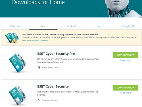 ESET downlaod page Mac Home Downloads