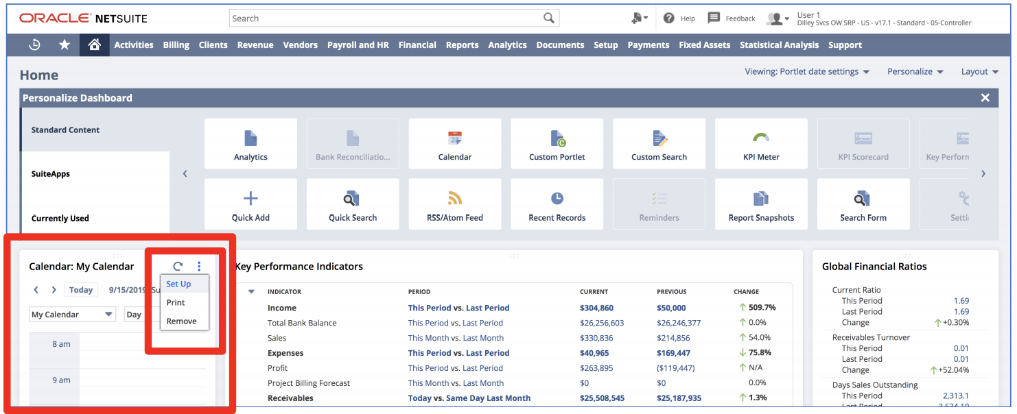 Using the set up menu on the calendar field to customize it right from your dashboard. 