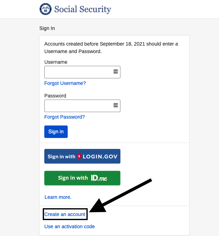 Social Security login page