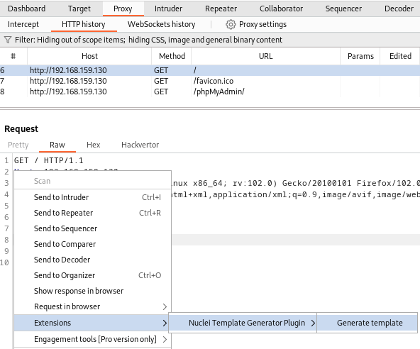 Extensions > nuclei template generator plugin > generate template screenshot by White Oak Security 