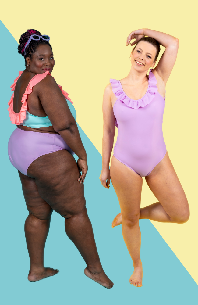Two persons are wearing swimsuits.  Person one is a plus size back person wearing a two piece suit.  The view is from 3/4 back; the top is aqua with a peach ruffle.  The back is a low U back.  The bottoms  are full briefs in lilac.  Person two is a straight sized white person wearing a one piece ruffled suit.  The neckline is scooped with a ruffle. 