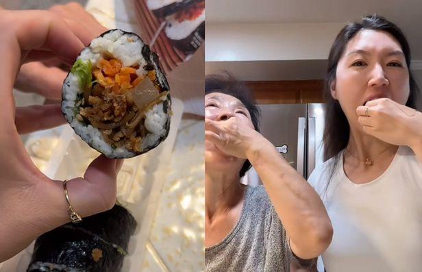 최근 미국에서 출시된 냉동 김밥 시식 영상. 어머니와 함께 김밥을 먹는 이 영상은 7일 기준 1100만회 이상 조회수를 기록했다. /@ahnestkitchen