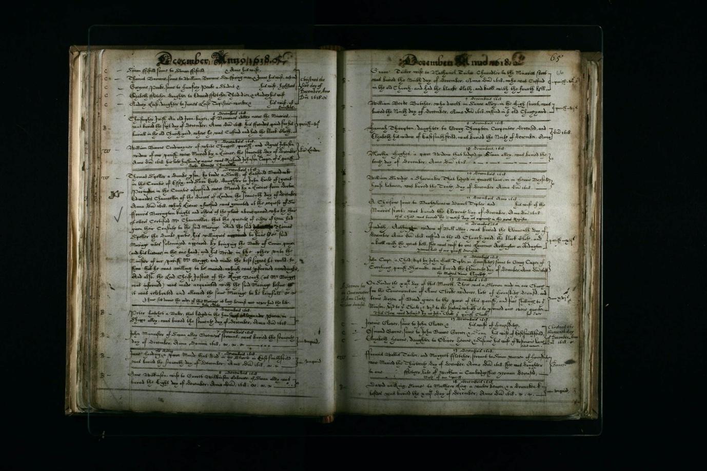 An old book with handwritten entries in secretary hand used in the 16th and 17th centuries.