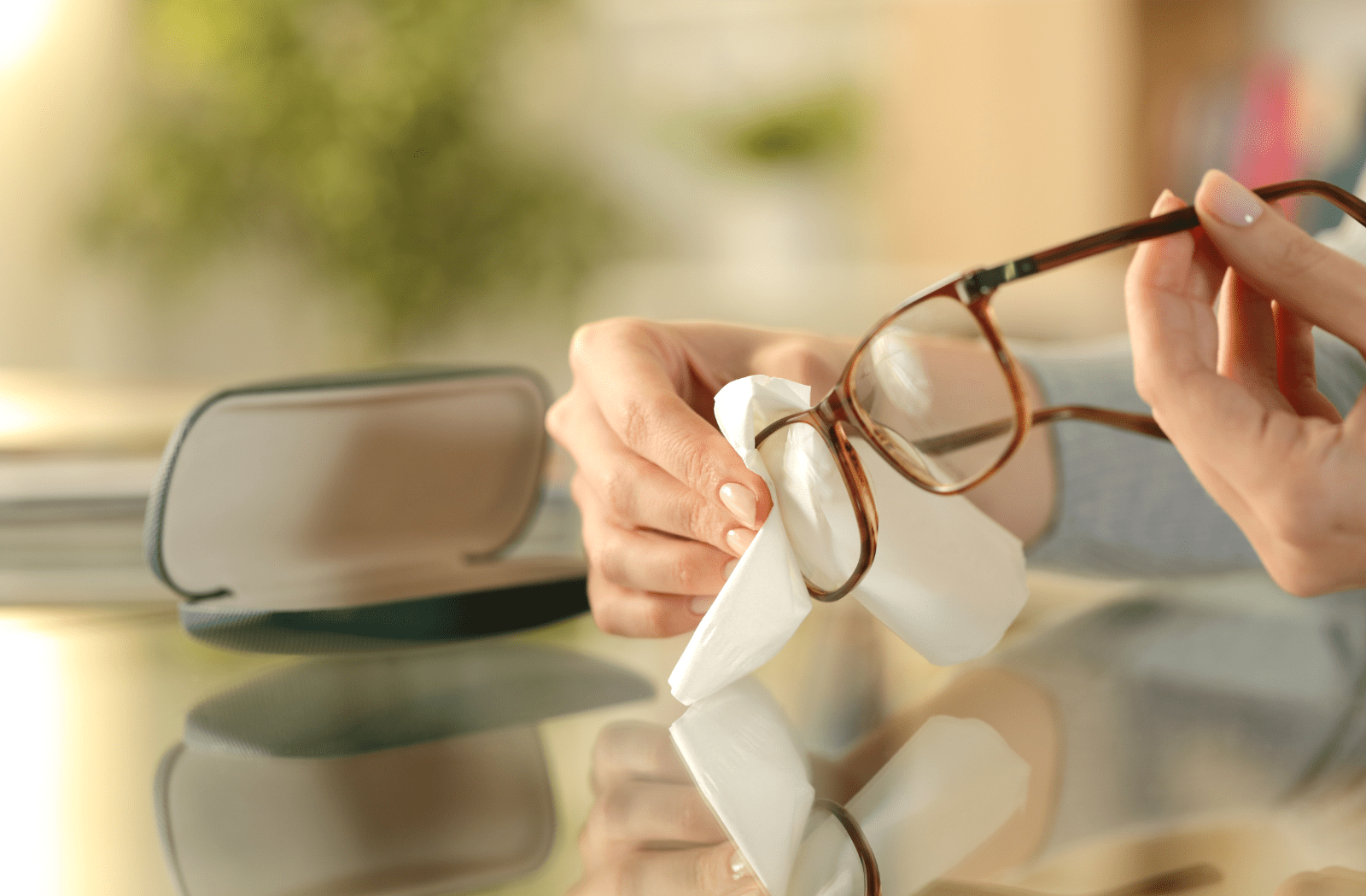 A woman cleaning her glasses with a cloth