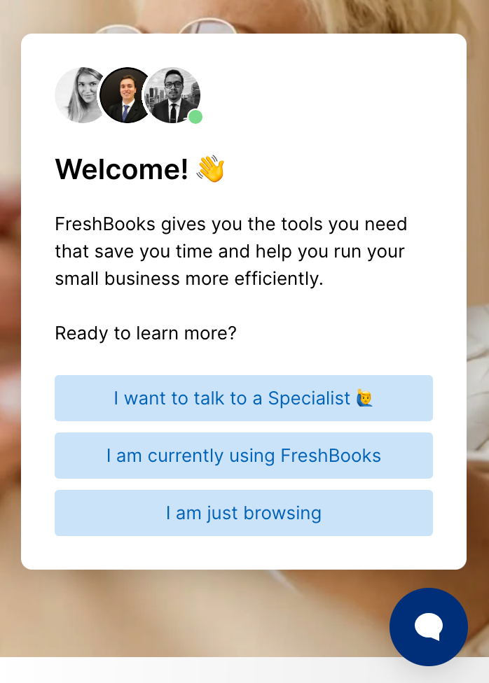 An example of a live chat from FreshBooks