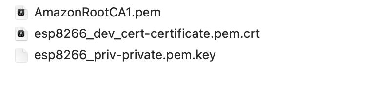 A screenshot of the Device Certificate, Private Key and RootCA1 certificates after being downloaded and renamed accordingly.