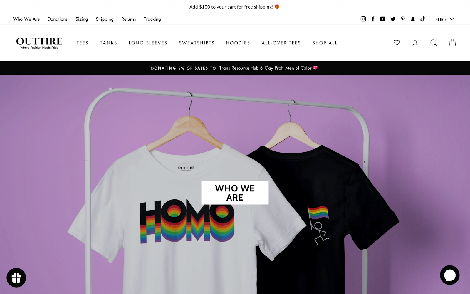 Support Black-owned businesses–A screenshot of Outtire’s homepage showcasing two of their t-shirts and a link to their About Us page reading “Who We Are”. 