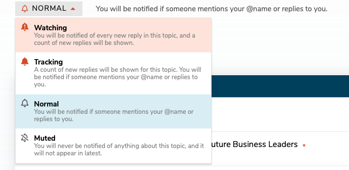 4 item drop-down menu to adjust notification settings. Options include: Watching, Tracking, Normal, Muted.