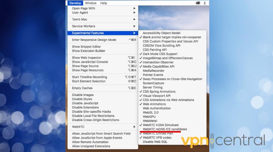 safari develop menu disable webrtc
