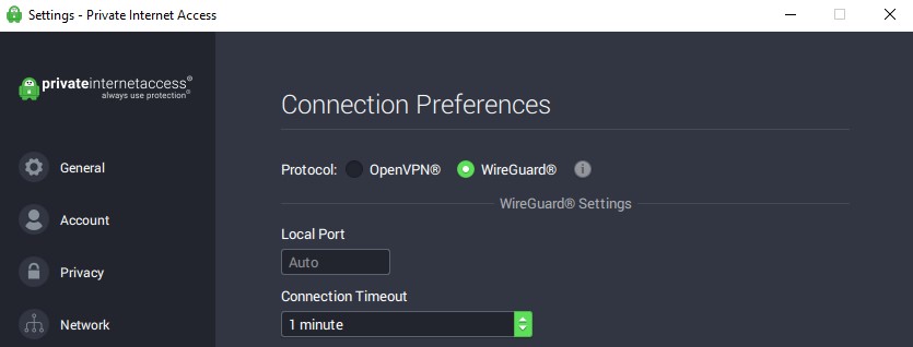 Private Internet Access WireGuard protocol settings