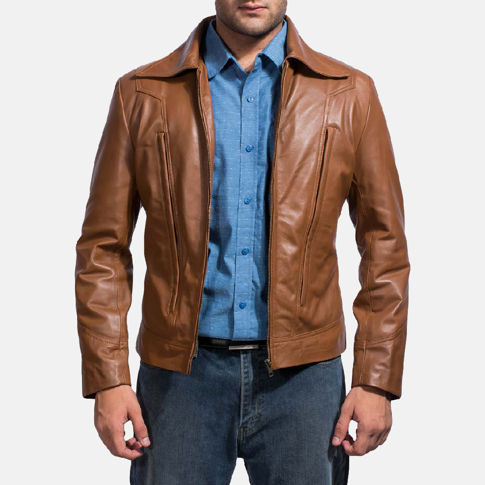 Model in Old School Brown Leather Jacket.