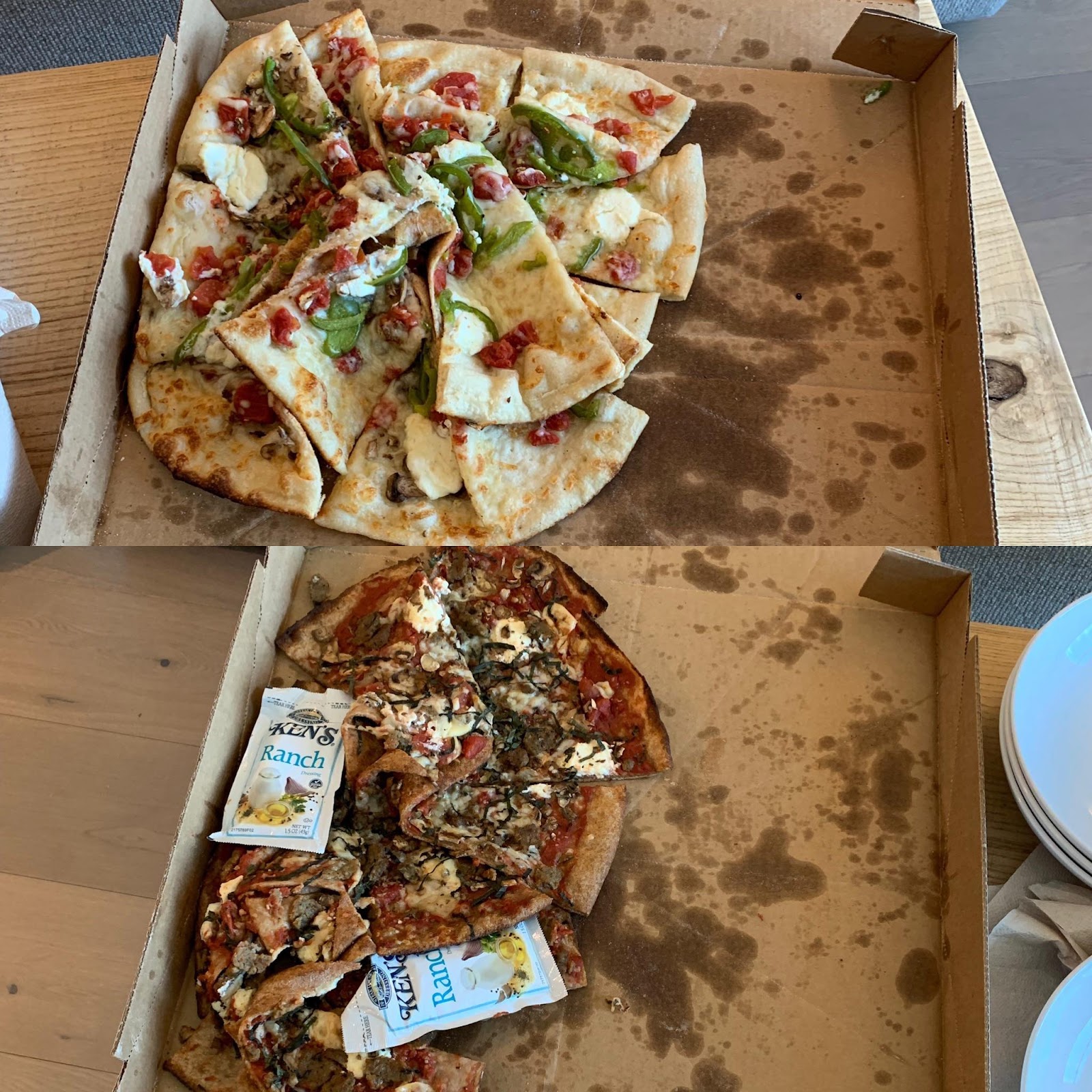 messy pizza arriving in poor delivery condition