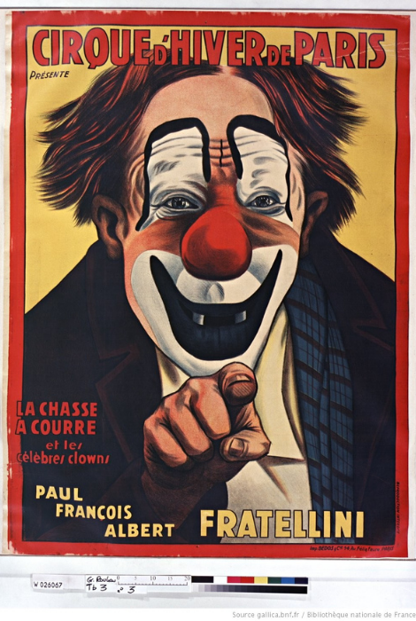 Affiche du Cirque d'Hiver de Paris, La chasse à courre et les célèbres clowns, 1930. Source : gallica.bnf.fr - BnF