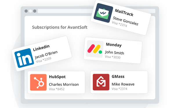 Stylized screenshot of tracked subscriptions for a company, demonstrating employee credit card