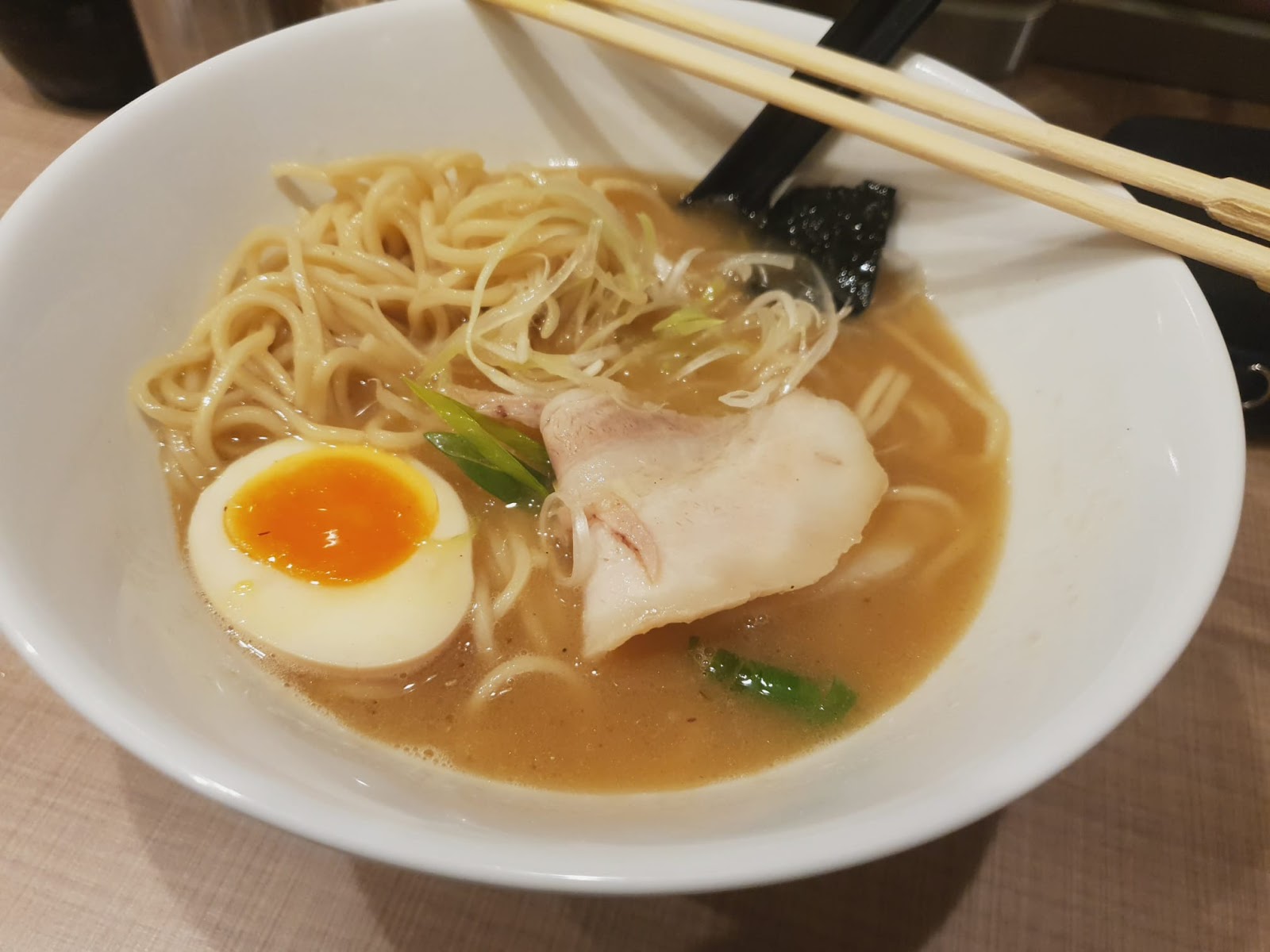 noodles and soft-boiled egg at Menya Megumi