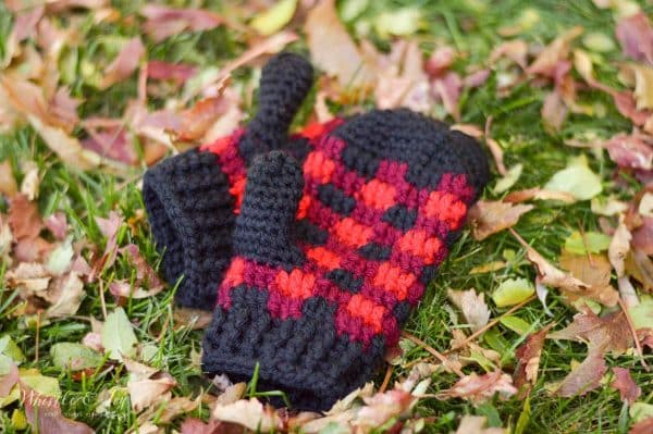 red and black plaid mittens in the grass