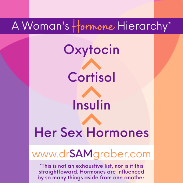 Image of a Woman's Hormone Hierarchy.  Oxytocin is at the top, then cortisol, then insulin and last, her sex hormones.